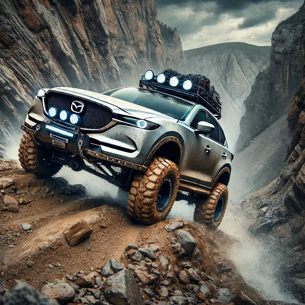 DALL·E 2025-01-17 20.16.20 - A rugged and heavily modified Mazda CX-5 SUV on an extremely difficult and steep off-road terrain. The car is actively using its 4x4 drive to climb a .webp